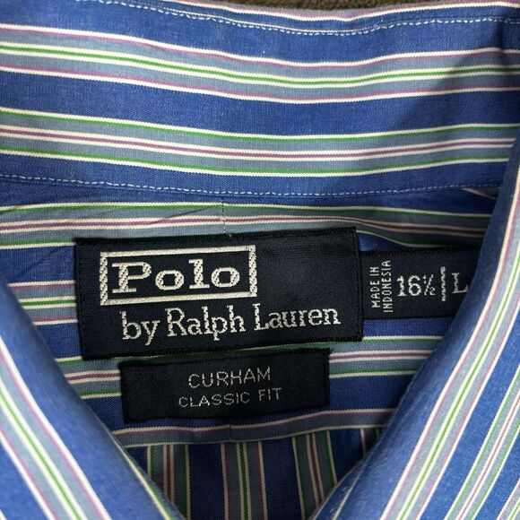 Polo Ralph Lauren Shirt Mens L 16.5 Curham Fit Oxford Button Down Blue Stripe - Picture 2 of 9
